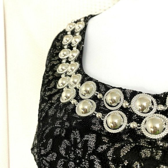 Black Silver Lace Embellished Metallic Top Blouse - Picture 5 of 7